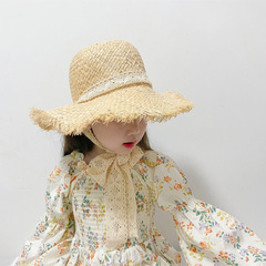 Children's Parent-Child Straw Hat Lafi Straw Weave Straw Hat for Girls with Tassels Children's Round Top Hand-Woven Sun Hat Beach Hat Wholesale