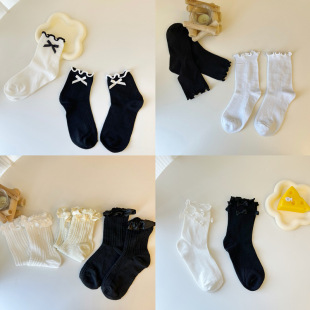 Japanese Style Cute New Arrival Bow Socks Women's Spring and Autumn Sweet Girl's Mid-Tube Socks Jk Ear Lace Socks