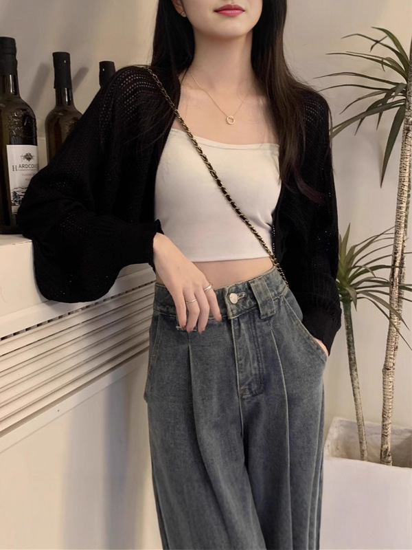 针织罩衫女长袖防晒衣搭配吊带夏季短款外搭开衫外套小香风薄上衣|undefined