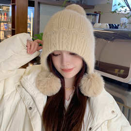 大头围帽子女冬季韩版甜美可爱护耳帽针织毛线时尚加厚针暖兔毛帽