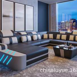 现代简约创意功能沙发多功能带led客厅沙发舒适客厅皮质沙发组合