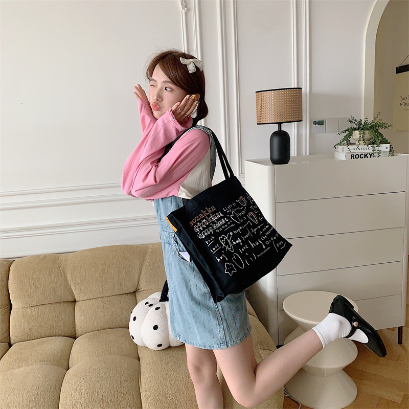36273 Japanese and Korean canvas bag for women, versatile large-capacity embroidered and printed hand-held shoulder bag, student class bag undefined