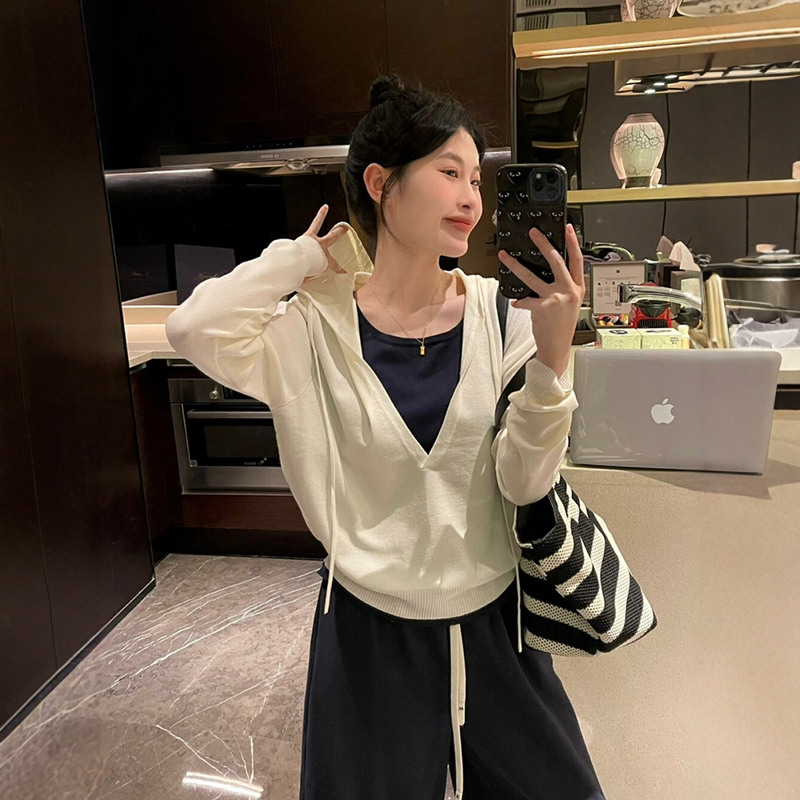 藏青色设计感假两件连帽针织衫女早秋韩系薄款慵懒风卫衣t恤上衣|undefined