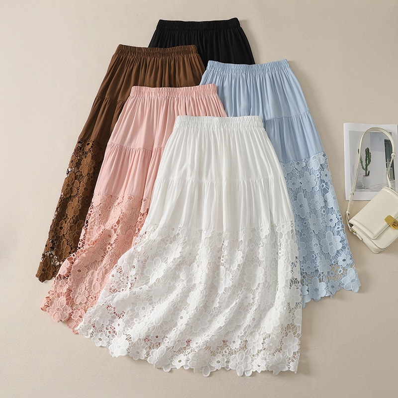 2026 Summer New Hollow Lace Patchwork High-Waisted Slimming A-Line Skirt