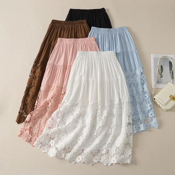 2026 Summer New Hollow Lace Patchwork High-Waisted Slimming A-Line Skirt