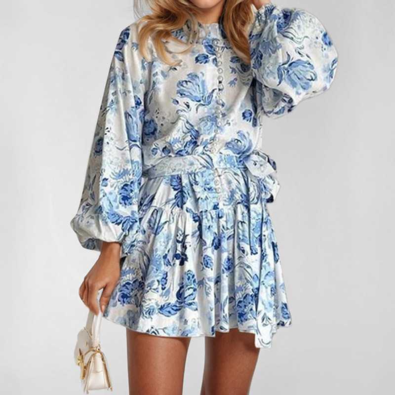 Transfronterizo 2025 primavera Amazon nueva ropa de mujer europea y americana temperamento elegante vestido de cintura con botones estampados image 1