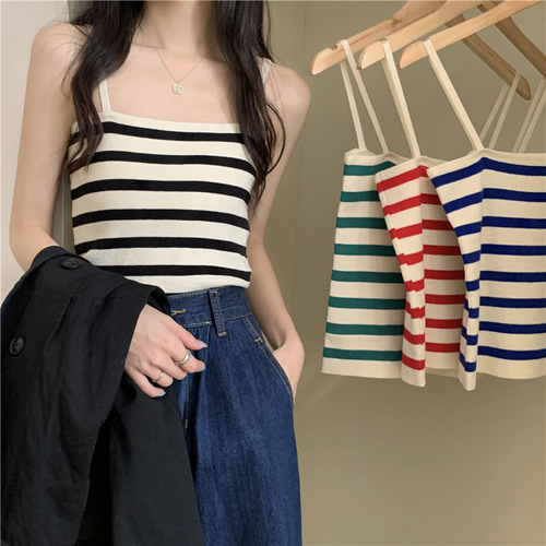 Chic and unique striped knitted camisole women's inner wear  summer niche outer wear short hot girl top trend