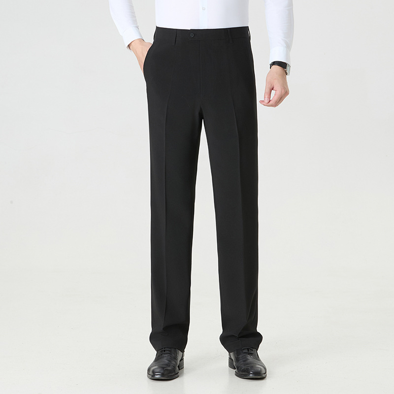 品牌黑色男士西裤夏季薄款中年高端腰直筒桑蚕丝垂感免烫休闲长裤