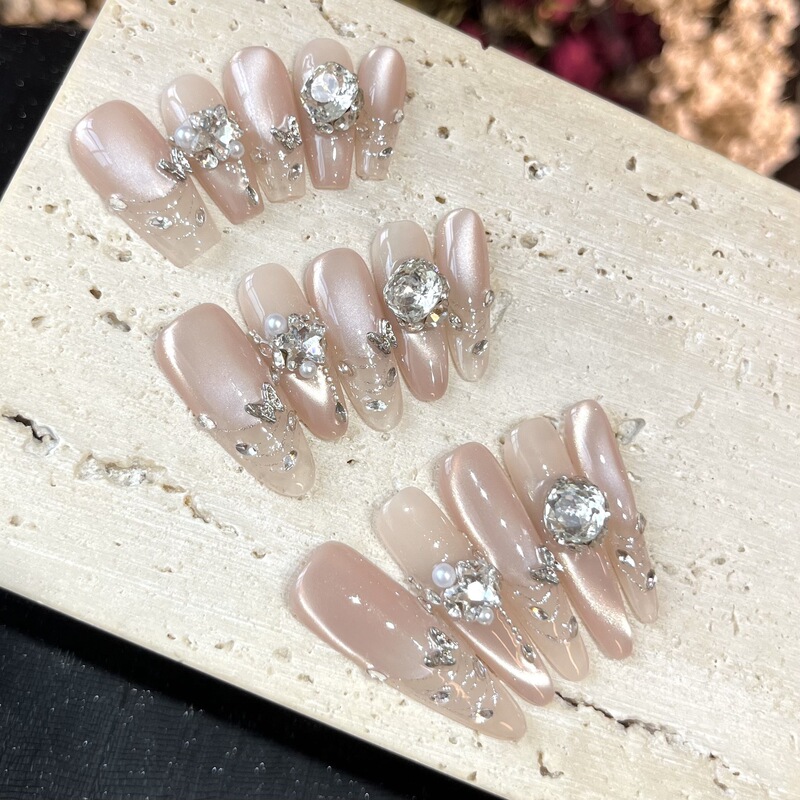 [Afternoon Tipsy] Purely Handmade Wearable Nails with Long Almond-Shaped Sparkling Full-Diamond Nude Cat-Eye Manicure Stickers and Elegant Wearable Nails