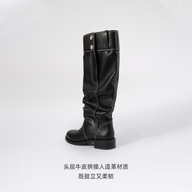 明星同款真皮靴子女2025早秋新款仿裤筒显瘦真皮厚底堆堆骑士靴女|undefined