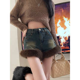 美式复古辣妹美拉德牛仔短裤新款女秋冬新款高腰设计感a字休闲裤