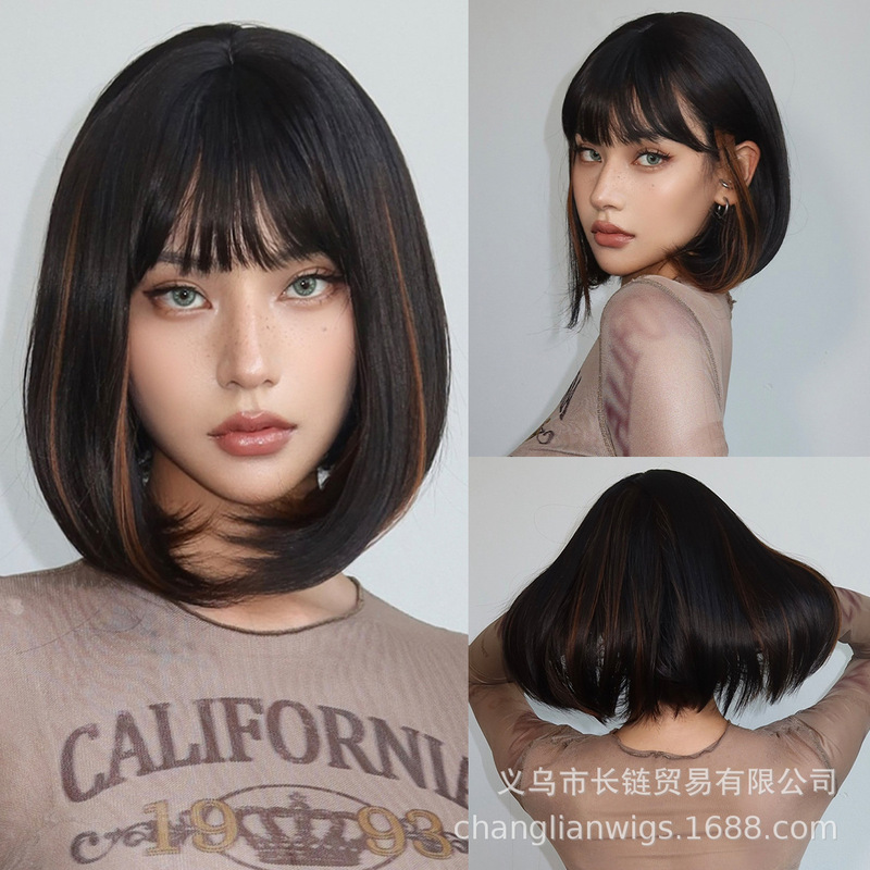 European and American wig full head cover black highlights neat bangs shoulder-length short wave head net red temperament female wigs