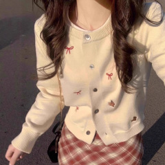 蝴蝶结刺绣针织衫外套女装秋冬2025新款甜美减龄宽松短款毛衣开衫