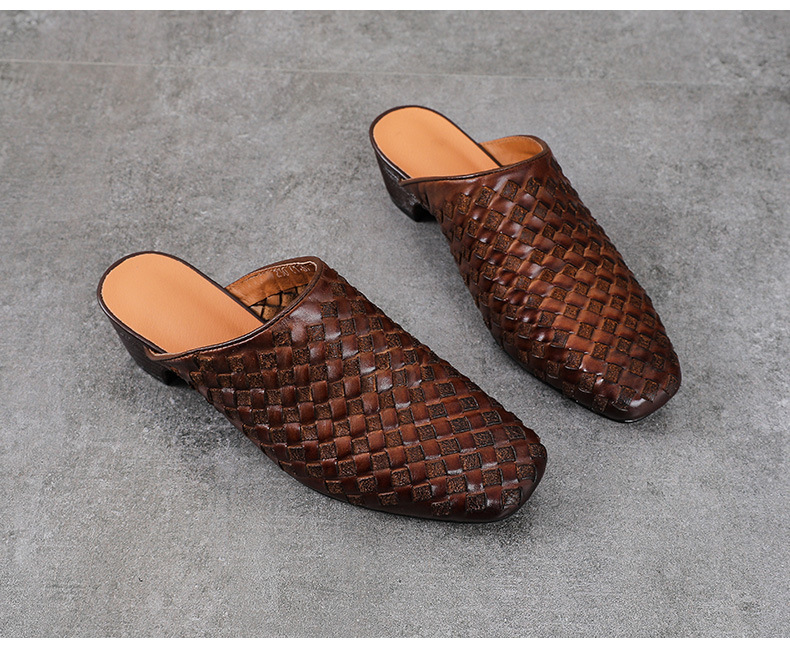 Dép sandal nữ bít mũi da bò thật đan thủ công phong cách vintage gót thấp — màu nâu chi tiết 13