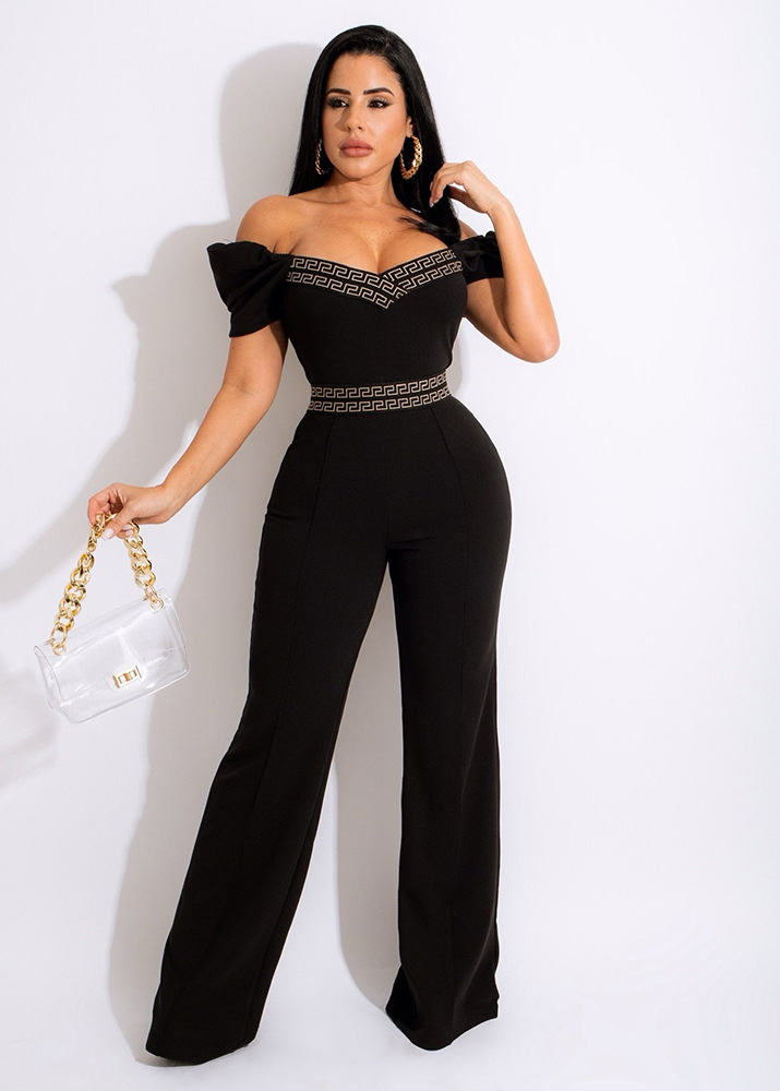 print solid color one-word shoulder puff sleeve wide-leg jumpsuit NSHOM129604