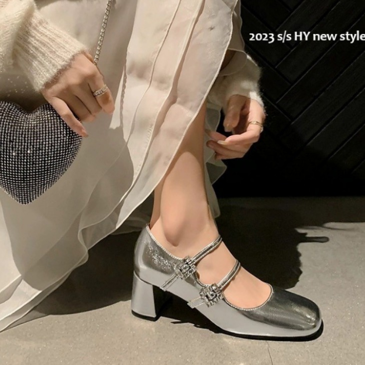 Su Yin ~ same style exquisite square toe genuine leather rhinestone buckle chunky heel Mary Jane single-layer shoes women's wedding shoes temperament Su Yin ~ same style exquisite square toe genuine leather rhinestone buckle chunky heel Mary Jane single-layer shoes women's wedding shoes temperament