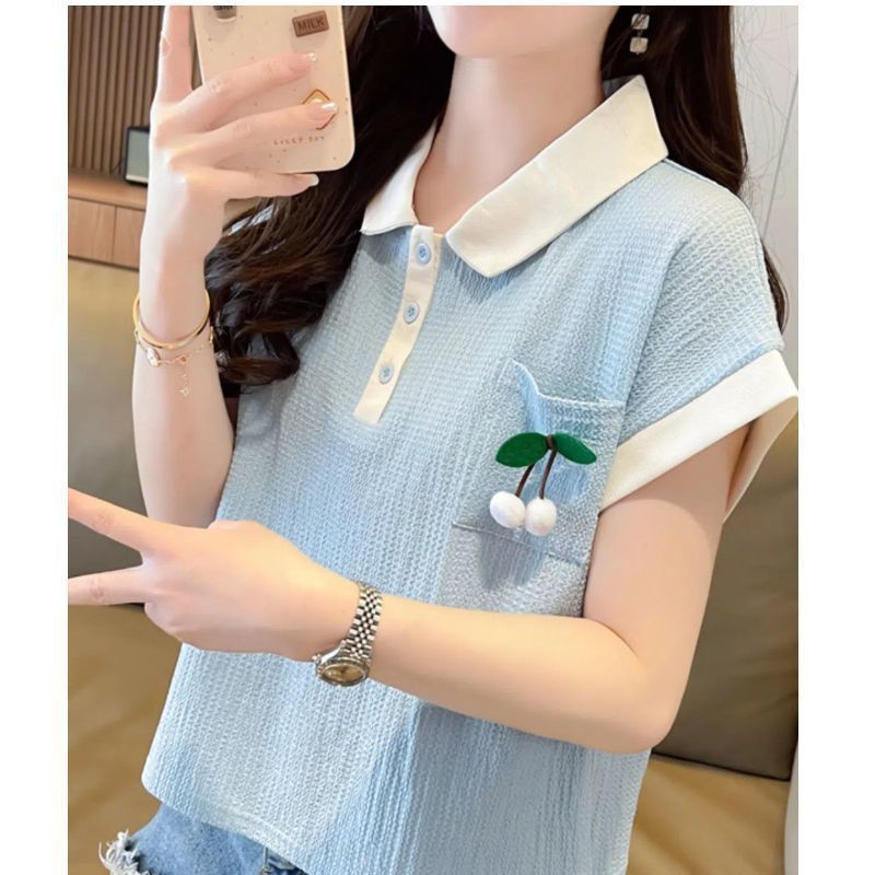 Tops de cuello de polo de bolsillo de color de contraste de textura de gran tamaño para mujer 2024 verano nuevo estilo suelto y delgado camiseta de manga corta para mujer