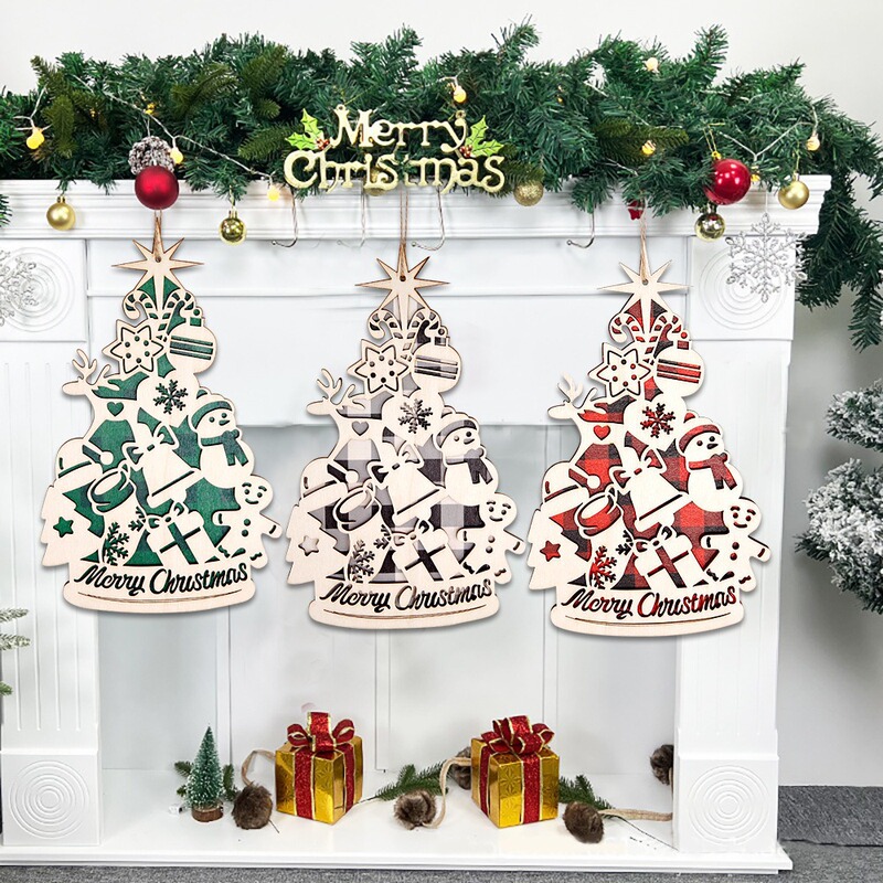 Christmas Party Decorations Wooden Pendants Hanging Tags Christmas Tree-Shaped Pendants Wooden Crafts Cut Out Door Sign Hangings