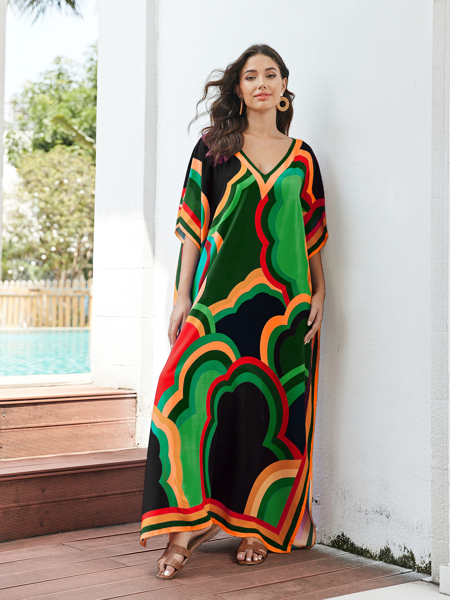 Rochie de plajă lungă kimono dama boho viscoză tie-dye_voghion.com