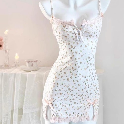 Alluring Sweet and Spicy Pure Desire Bodycon Tank Top Sleep Dress with Bra Pads Small Floral Body Shaping Tight Short Skirt