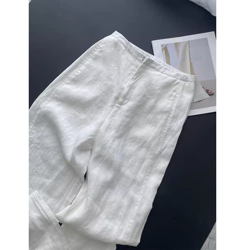 Old Money Style Outfit ~ White High-Waisted Elegant Simple Drape Commuter Cotton-Linen Straight Wide-Leg Pants for Women 2025 Summer