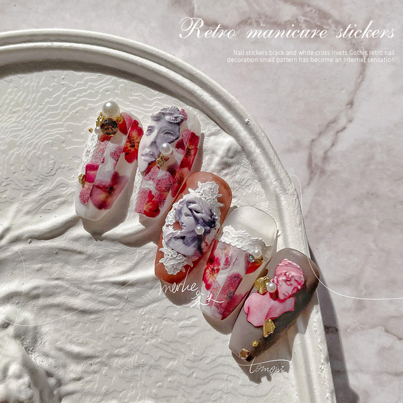 Nombre conjunto de papel adhesivo de uñas en línea popular alivio 5D estatua tridimensional yeso cabeza retrato artístico calcomanías de uñas patrón pequeño