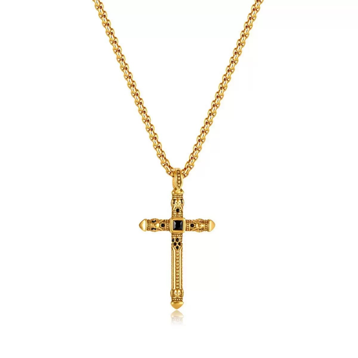 跨境欧美风个性复古十字架吊坠时尚嘻哈潮流不锈钢项链男首饰批发