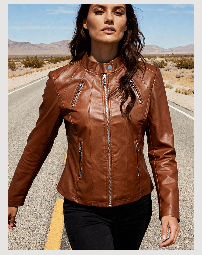 Giacca in pelle donna slim fit con collo alto taglie comode_voghion.com