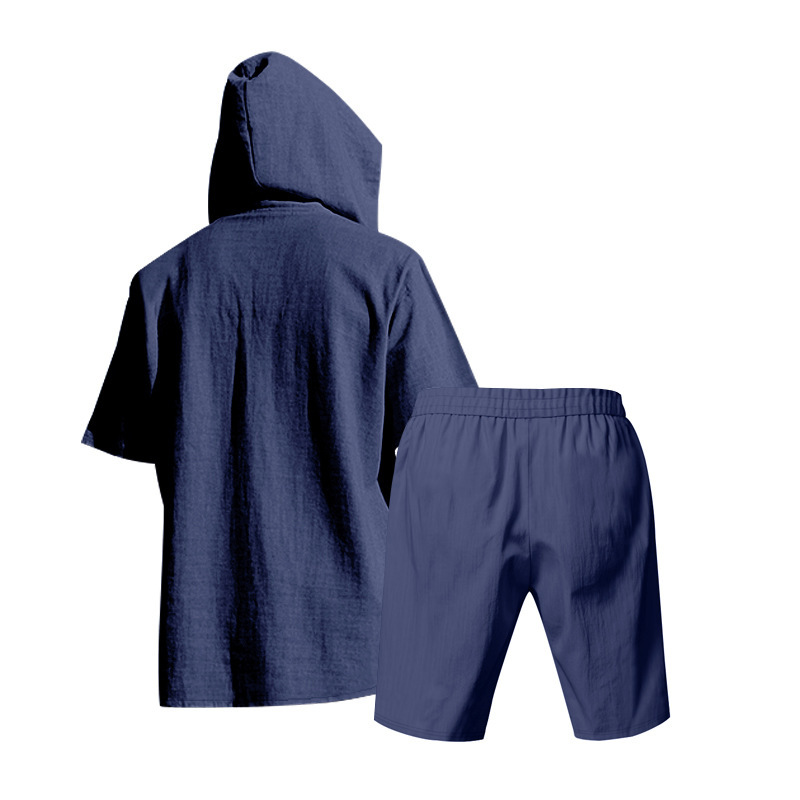Men's Linen Hooded Short Sleeve Shirt & Shorts Set, Breathable Beach Casual Two-Piece Outfit For Summer_viptrois.com
