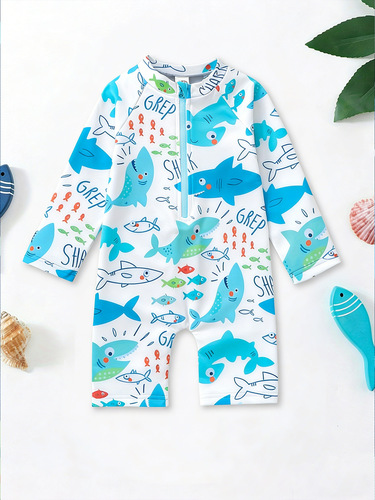Cross-border children's swim cap, unisex swimwear, one-time dropshipping, shark-themed baby swim suit, wholesale, long-sleeved baby romper swimwear