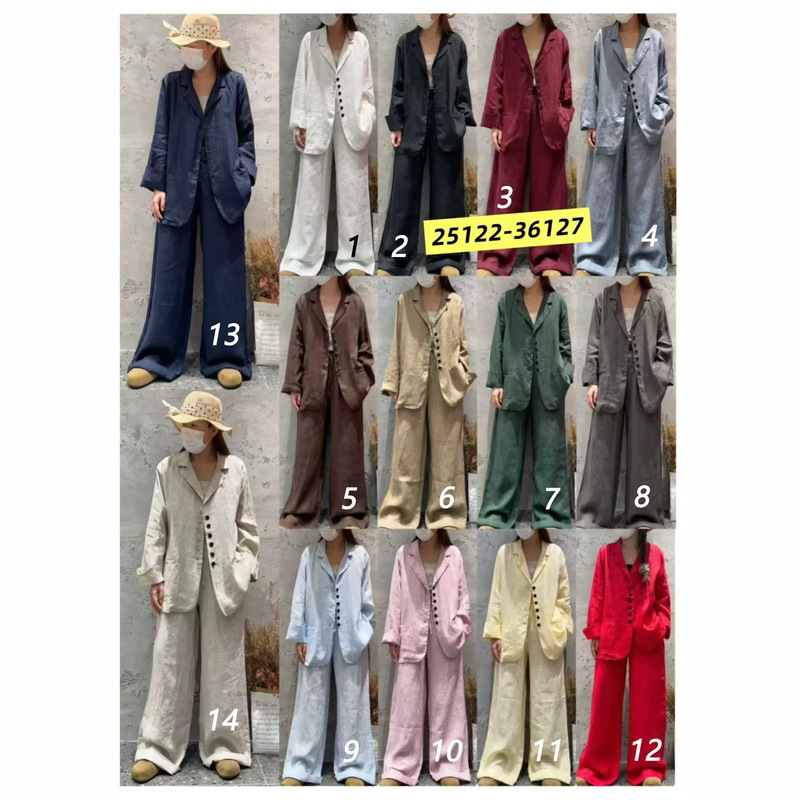 Vintage New Linen Straight-Leg Pants for Women 2026, Solid Color Blazer with a Stylish Suit Collar, Loose and Versatile Fashion Set