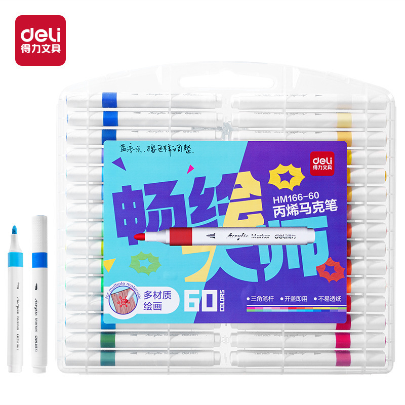 デリ アクリルマーカー 箱入り 細丸棒 三角棒 不透明色 重ね塗り可能 手を汚さない 絵筆 アート|undefined