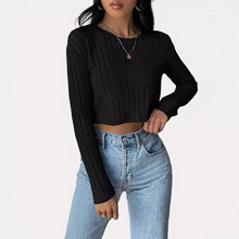 temu爆款现货2024春秋季时尚女士圆领打底衫长袖针织纯色坑条女装