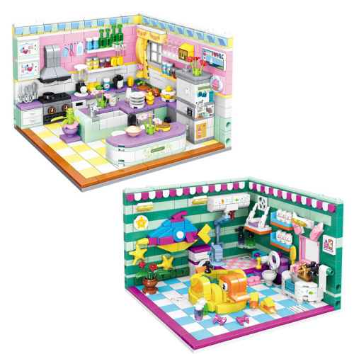 Philosophy high simulation dollhouse bathroom kitchen Ddiy model children girl puzzle building blocks toy cross-border
