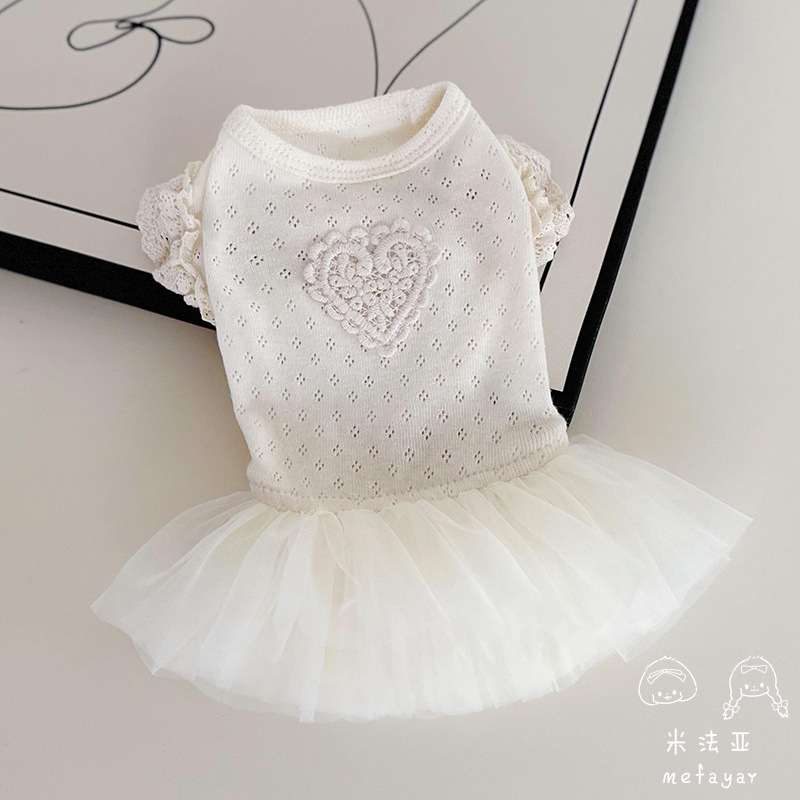 미파야 애완동물 고양이 강아지 옷 봄 여름 통기성 순면 원단 한국 스타일 공주 레이스 소매 베이지색 망사 드레스