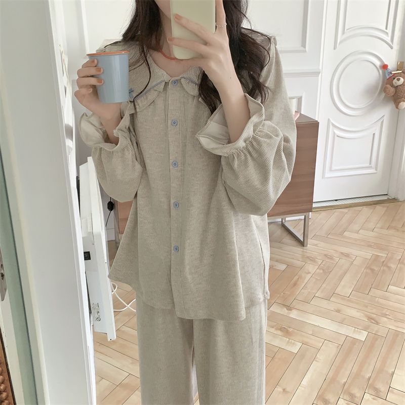 韩版甜美娃娃领条纹睡衣女秋冬新款网红风学生宿舍家居服套装|undefined