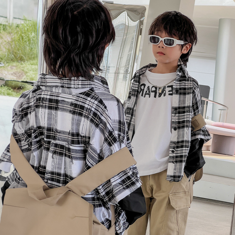 Primavera nuevos niños falso de dos piezas camisa a cuadros estilo coreano casual suelta ropa exterior de los niños prendas de vestir exteriores de moda superior