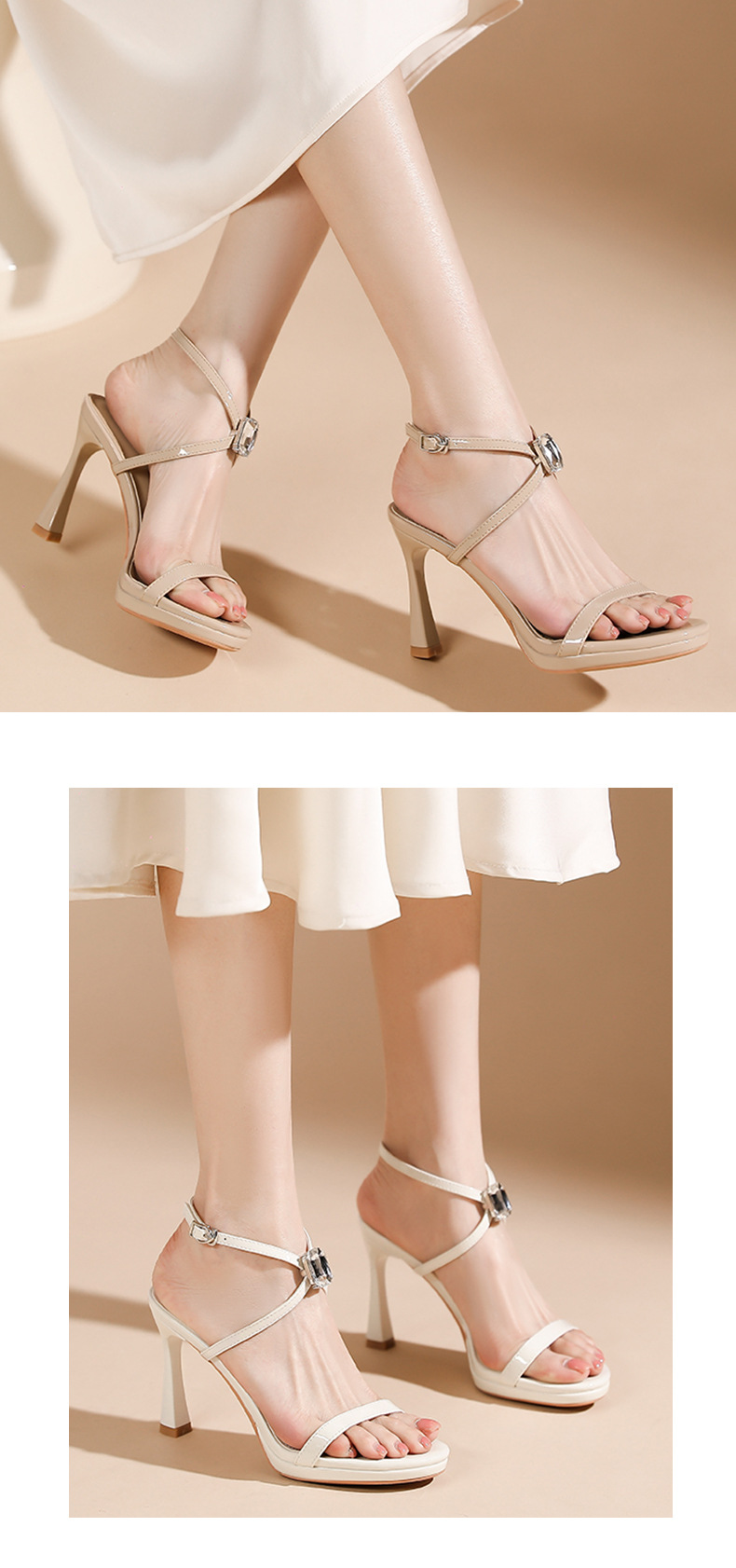 Sandal cao gót nữ mũi tròn kiểu Pháp, quai chéo buộc dây, gót nhọn 9 cm — trắng ngà chi tiết 7