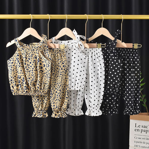 Girls sling suit children's summer clothes Korean version girls polka dot sling 2024 new chiffon suit baby children's clothing