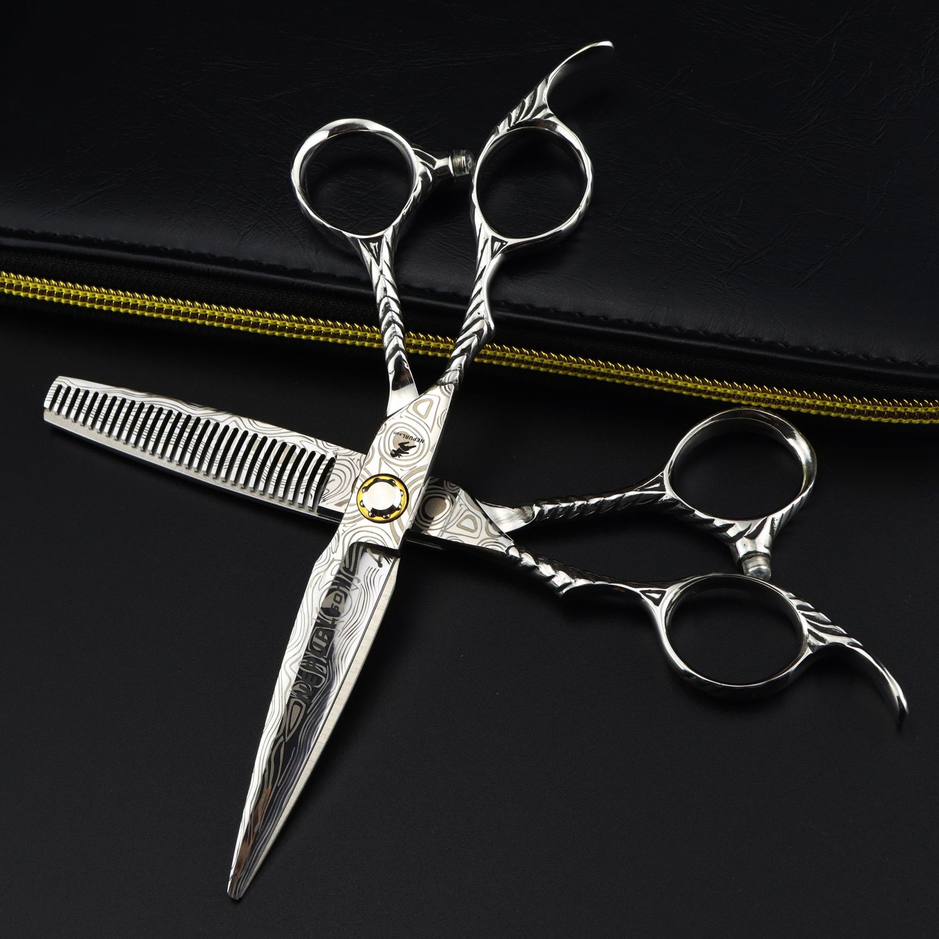 Tijeras de peluquería para zurdos con tornillo de cojinete de 6,0 pulgadas y patrón de Damasco: tijeras rectas para entresacar y cortar._voghion.com