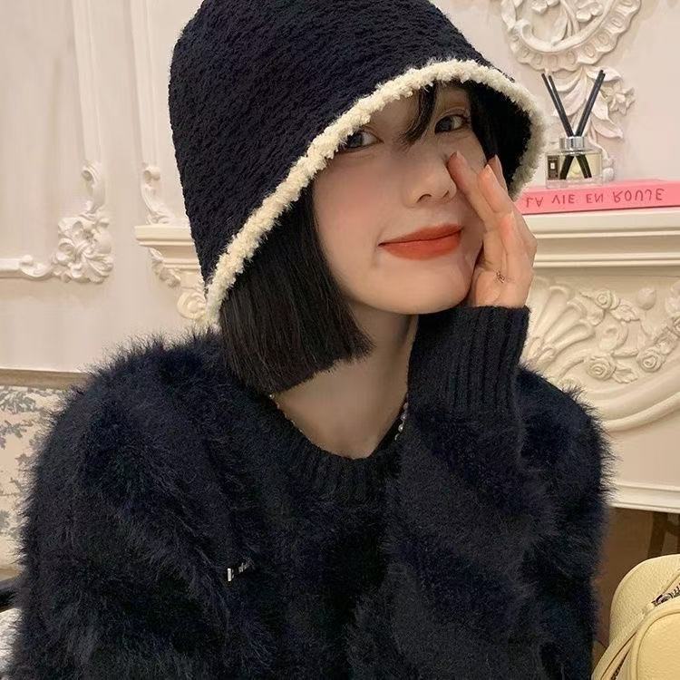 新款大头围水桶帽日系显脸小帽子黑色针织毛绒渔夫帽女跨境秋冬季|undefined