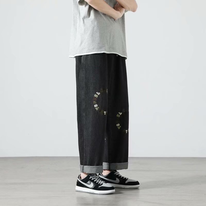 Men's Jeans Spring New Korean Style Loose Personality Versatile Straight Wide-Leg Pants Casual Printed Trendy Dad Pants Men's Jeans Spring New Korean Style Loose Personality Versatile Straight Wide-Leg Pants Casual Printed Trendy Dad Pants