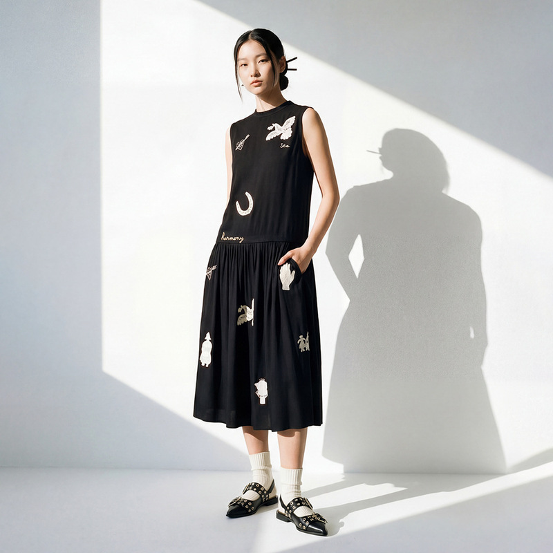 2026 Early Spring New Style French Black Round Neck Embroidered Sleeveless Dress with Waist Slimming Mid-Length Skirt for Women 2026 Early Spring New Style French Black Round Neck Embroidered Sleeveless Dress with Waist Slimming Mid-Length Skirt for Women