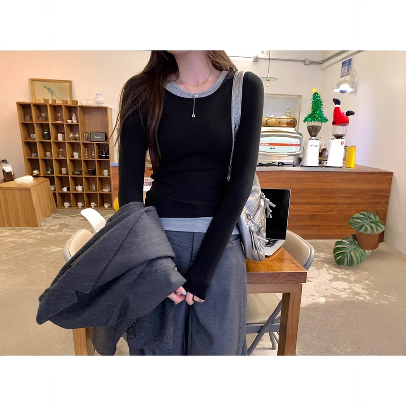Cool and Stylish Fake Two-Piece Long-Sleeved T-Shirt for Women in Autumn 2025 New Style Casual Top with Bottoming Shirt Cool and Stylish Fake Two-Piece Long-Sleeved T-Shirt for Women in Autumn 2025 New Style Casual Top with Bottoming Shirt