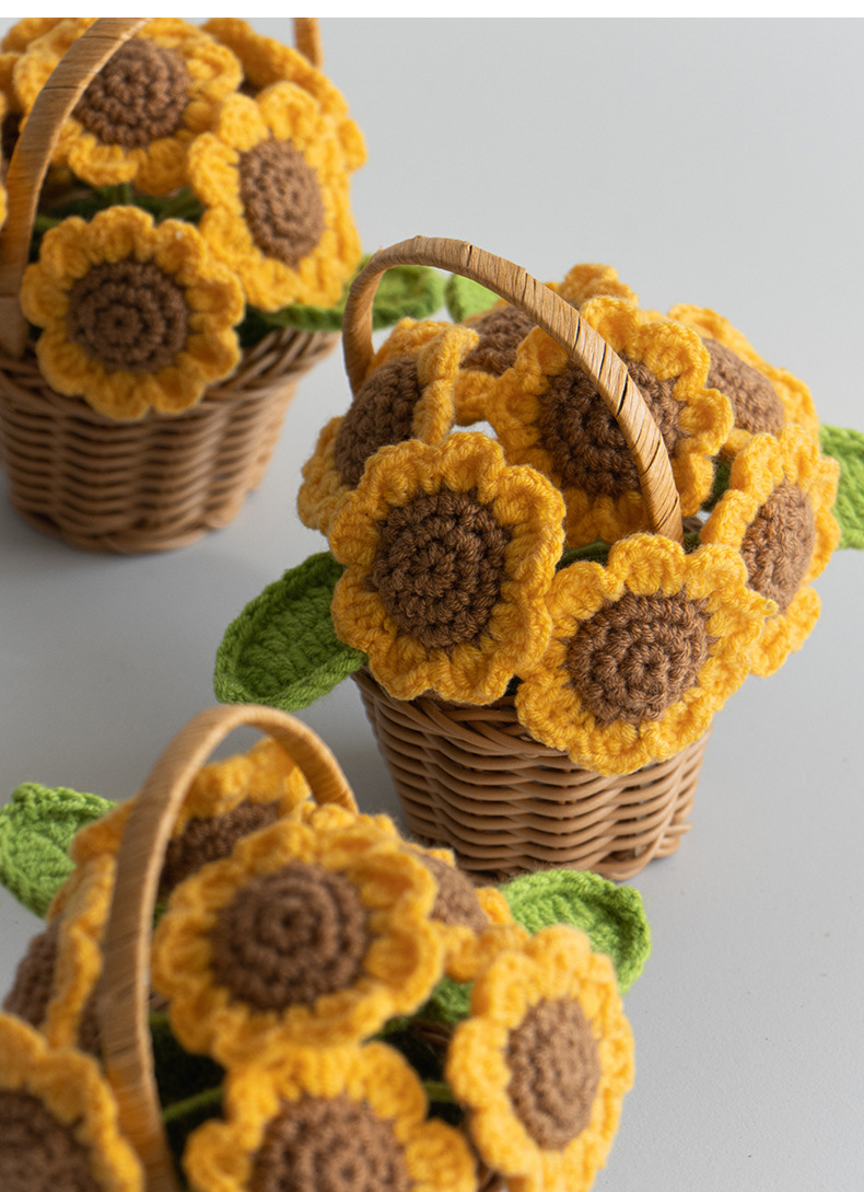 手工针织向日葵迷你花篮成品毛线仿真太阳花盆栽摆件节日礼品摆摊详情8