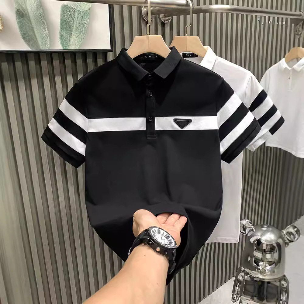 Black and White Striped Collar Light Luxury Men's Short-Sleeve Polo Shirt Trend Brand Badass Versatile Clothing