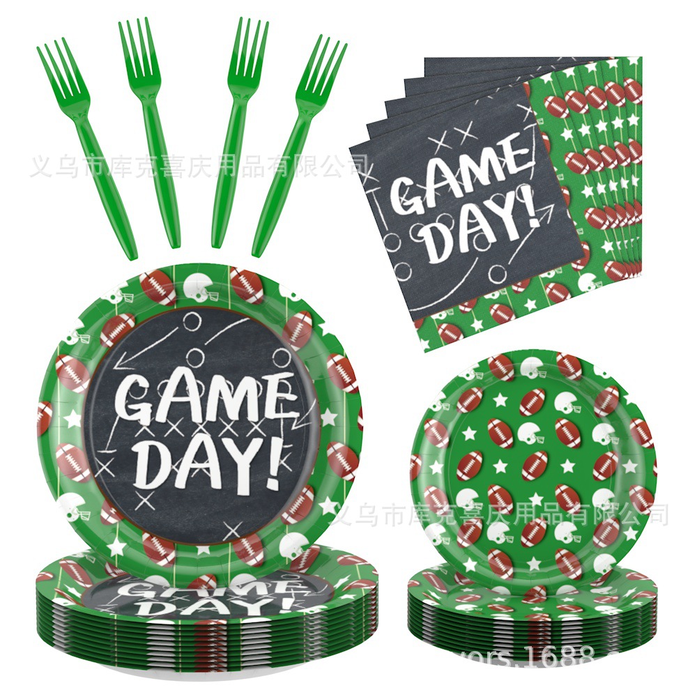 Amazon Super Bowl Party Decoration Rugby Plate de papel desechable tazas de papel bolos de bandera set globos