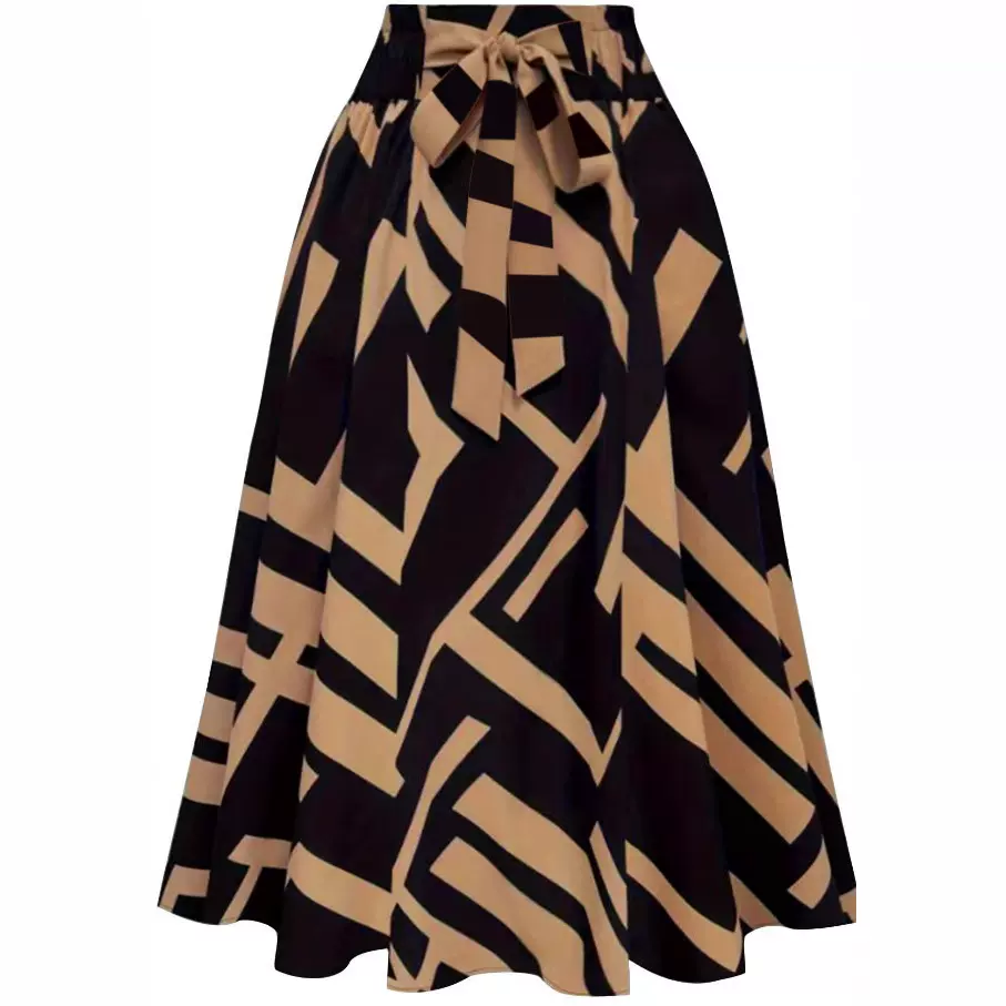 跨境亚马逊速卖通2024春秋新款欧美印花腰带时尚休闲通勤半身裙女