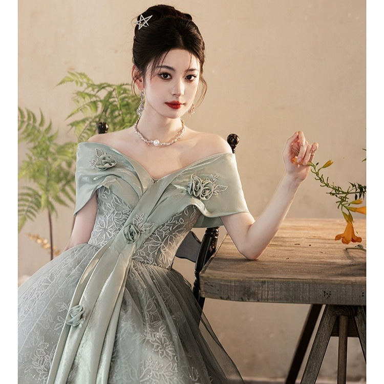 Vestido de noche para examen de canto estudiantil, estilo nuevo 2026, con hombros descubiertos, largo y elegante, para sesión de fotos de graduación