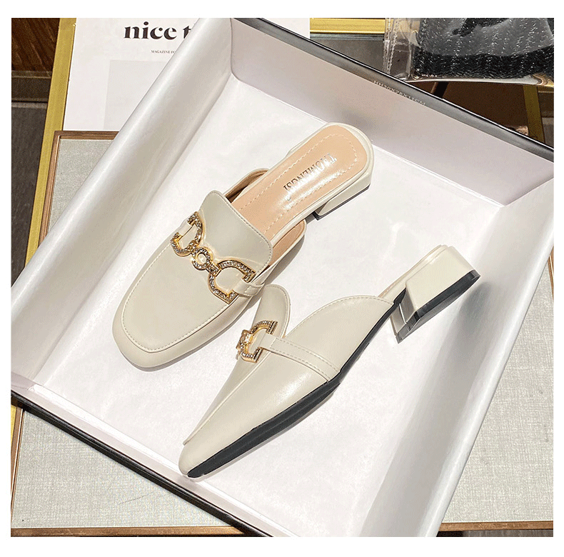 Dép sandal nữ bít mũi gót thô đính đá kim loại mũi ngang, kiểu lười nửa dép mùa hè — Màu mơ, Màu đen chi tiết 29
